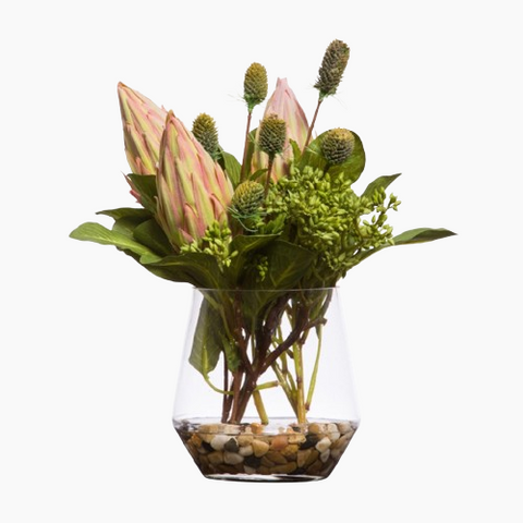 PINK PROTEA & THISTLE IN SHORT GLASS WTR - Hedi's Furniture