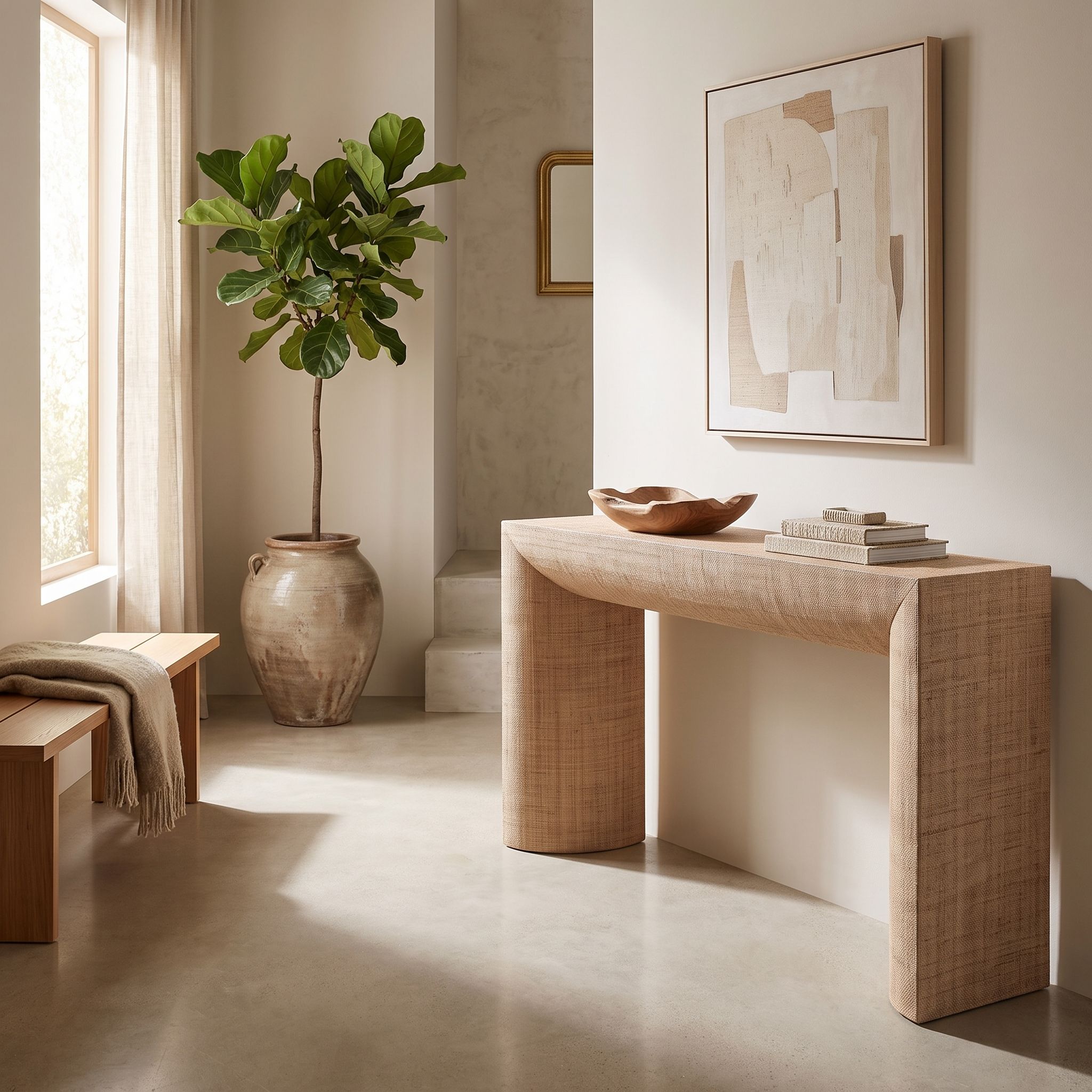 Full view of Brasea Console Table in contemporary entryway showing clean silhouette and organic raffia texture under natural light.