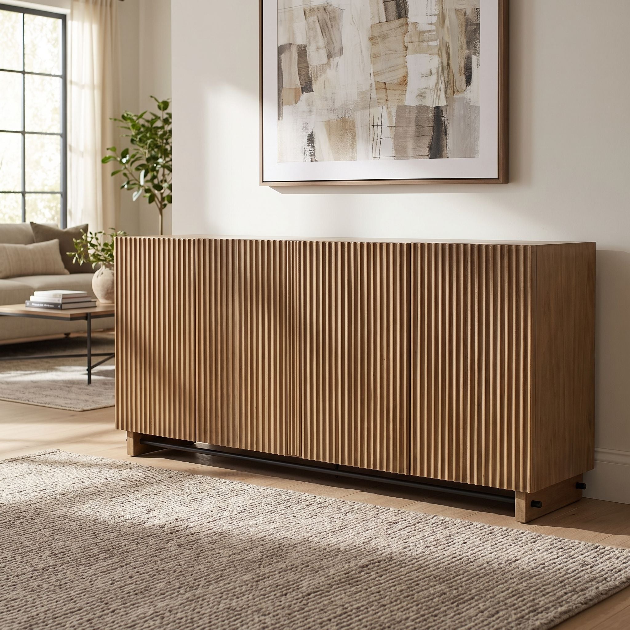 Kellem 4 Door Cabinet with fluted doors and black accent stretcher displayed in a modern living room with natural sunlight.