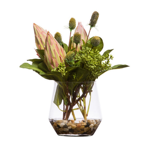 PINK PROTEA & THISTLE IN SHORT GLASS WTR - Hedi's Furniture