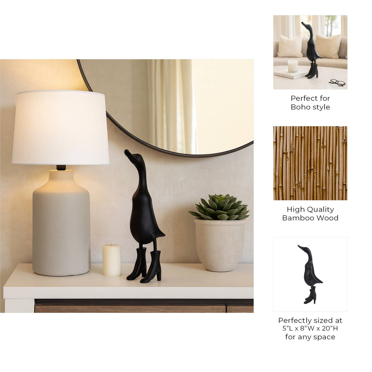 Bamboo Wood Duck in Rainboots Figurine - Black, 20 in.