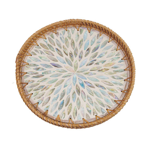 Round Seashell Inlay Rattan Tray – Iridescent Glow Burst: Large