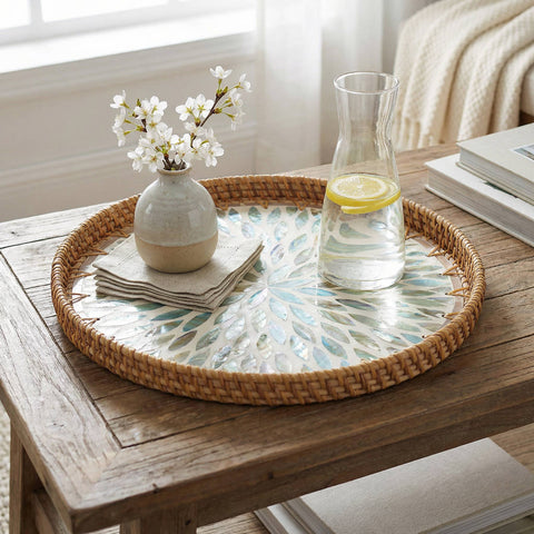 Round Seashell Inlay Rattan Tray – Iridescent Glow Burst: Large