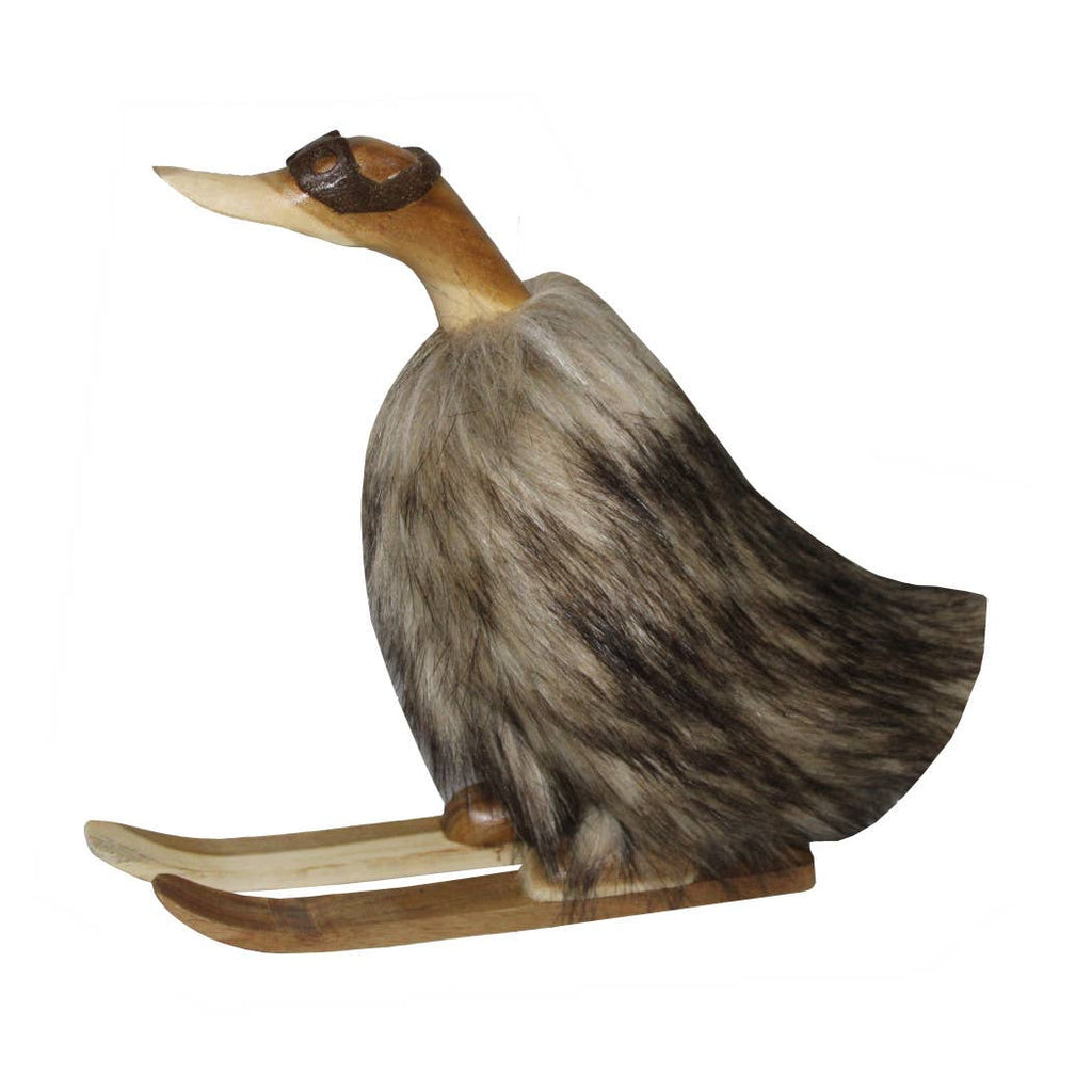 Decorative Figurine - Brown Wood Faux Fur Skiing Duck, 11 in