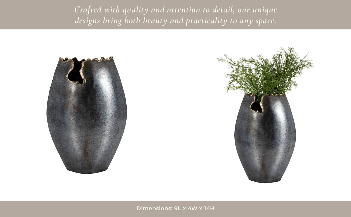 Decorative Vase - Black Metal Organic Edge Chipped, 14 in.