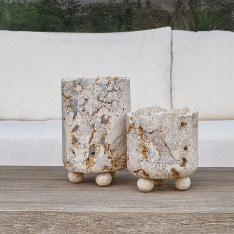Quarried Stone Indoor-Outdoor Candleholders, S/2
