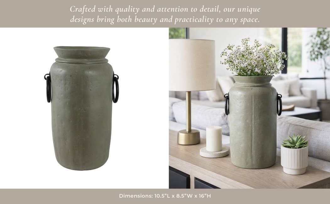 Decorative Vase - Green/Black Ceramic Metal Handles, 16 in.