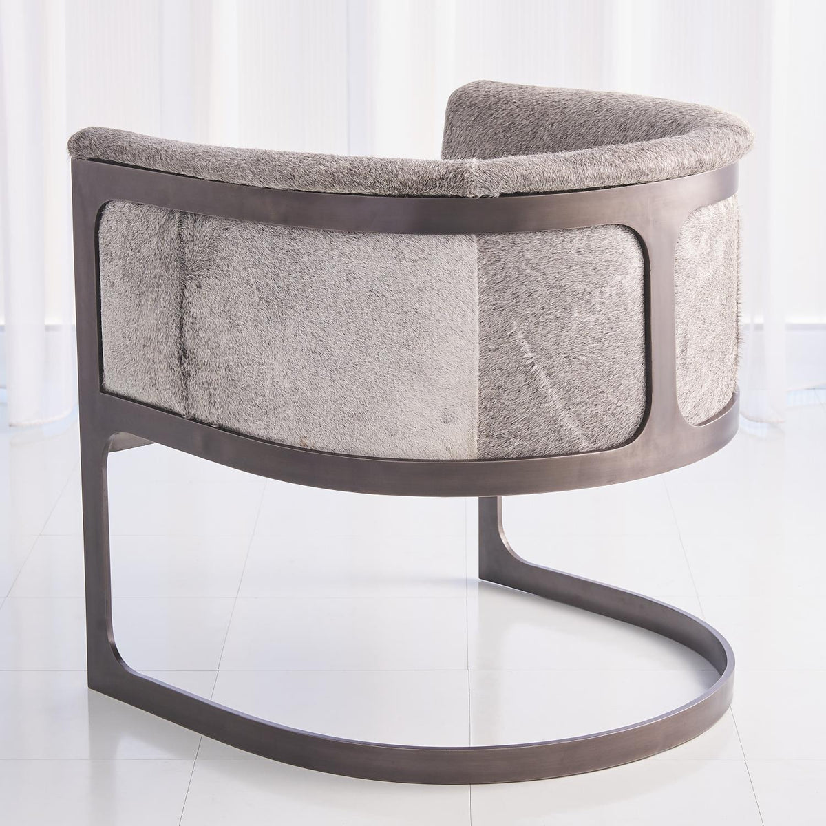REGAN BARREL CHAIR - GREY HAIR-ON-HIDE-ANTIQUE GUNMETAL - Hedi's Furniture