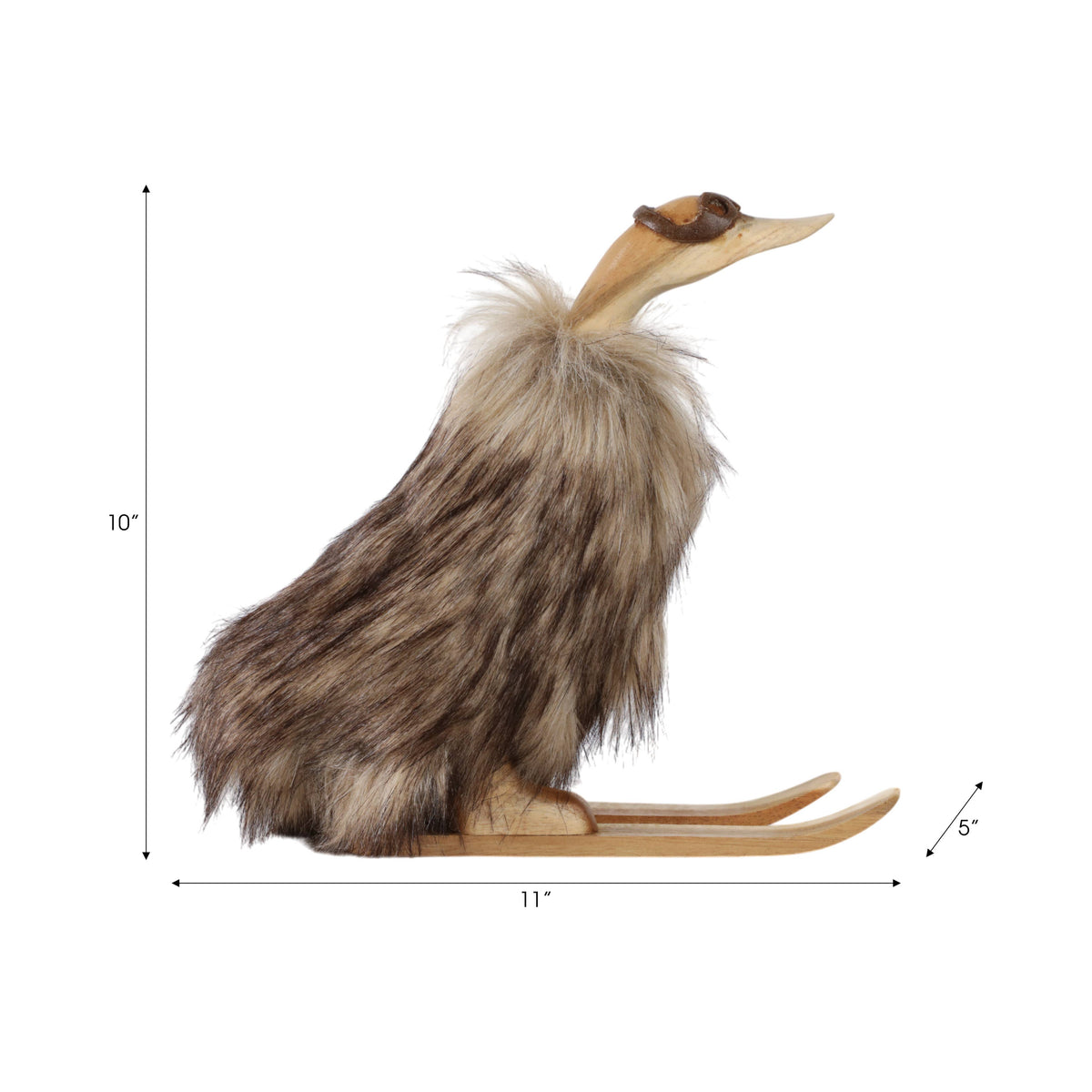 Decorative Figurine - Brown Wood Faux Fur Skiing Duck, 11 in