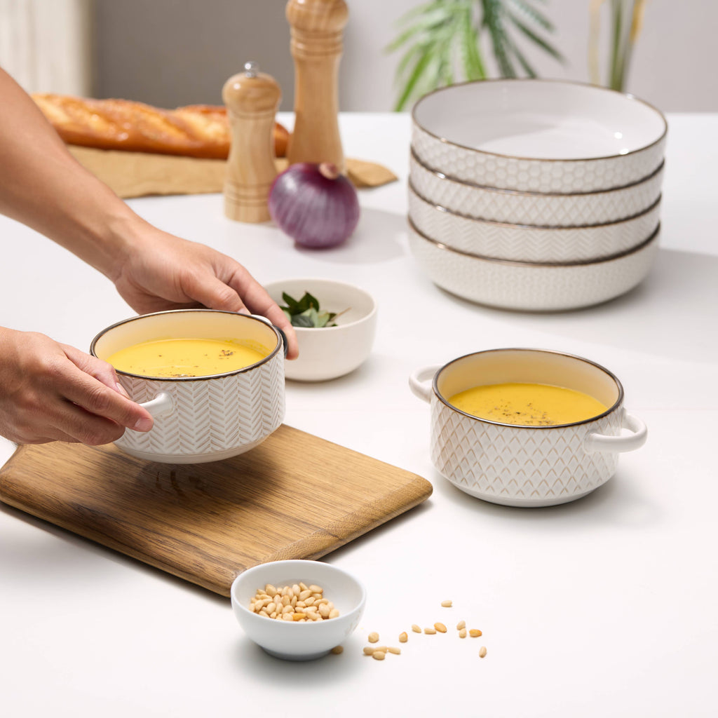 Kook Ceramic Pasta Bowls, 40 oz, Set of 4, Cream/Copper