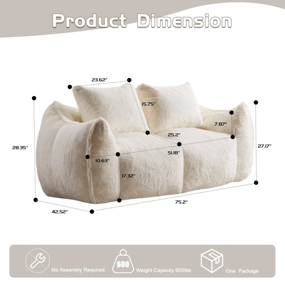 2-Seat Giant Faux Fur Bean Bag Couch ( 6 Colors) No Assembly: White