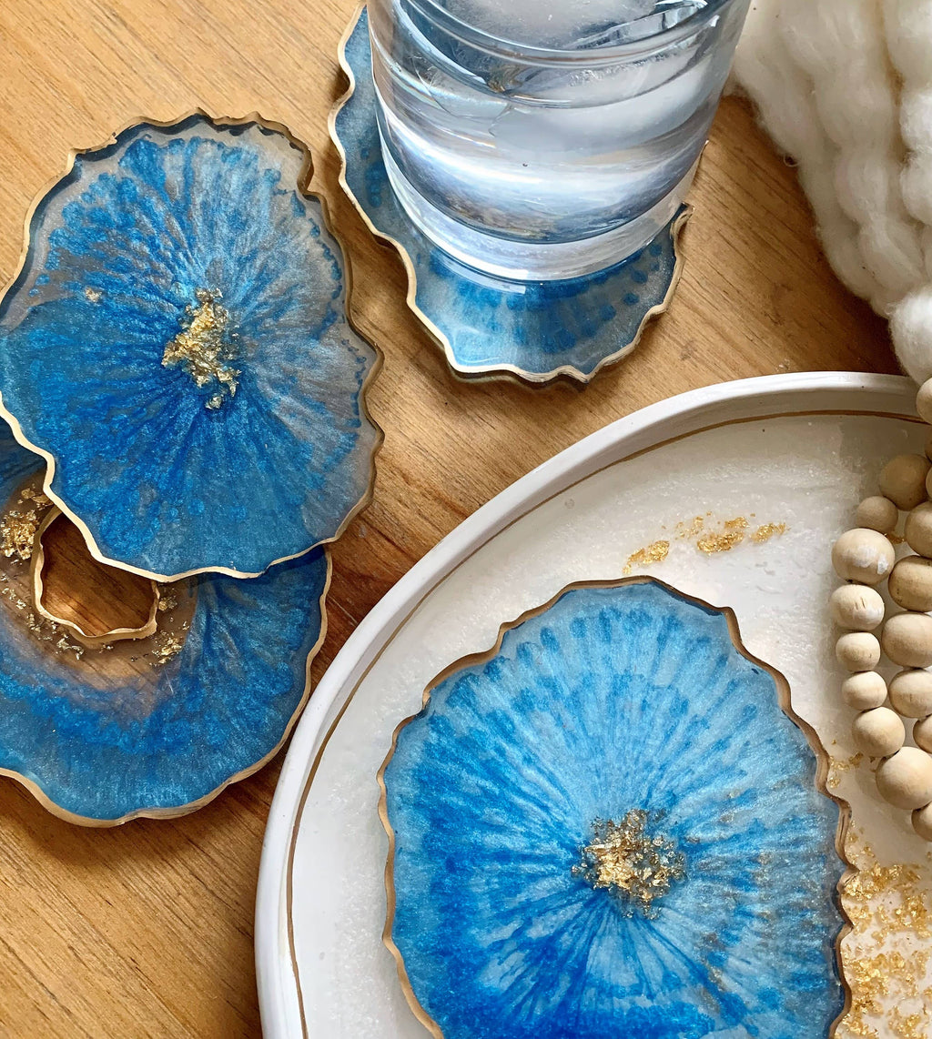 Set of 4 Free Form Geode Coasters: Turquoise / Gold