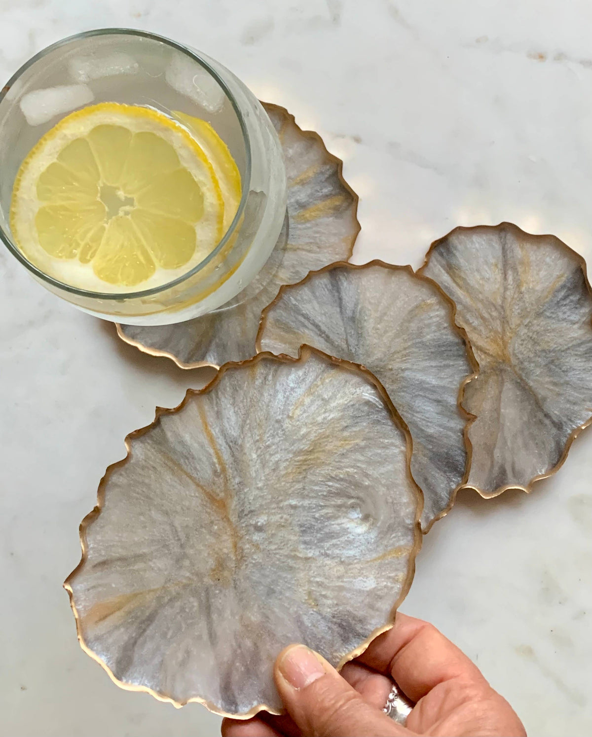 Set of 4 Free Form Geode Coasters: Gray / Gold