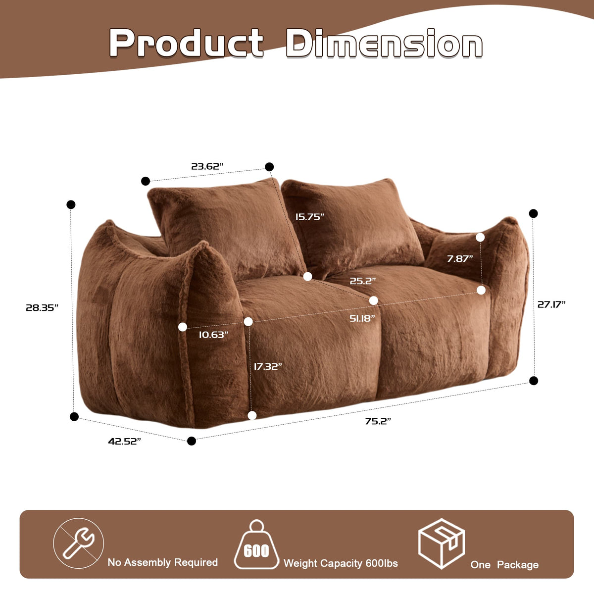 2-Seat Giant Faux Fur Bean Bag Couch ( 6 Colors) No Assembly: White