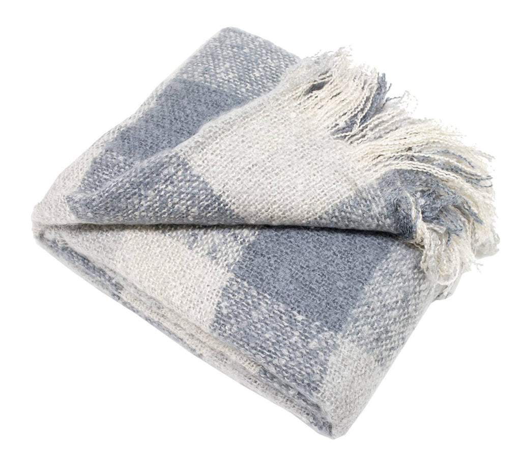 Blue-Grey-White Faux Mohair Plaid Fringed Throw Blanket