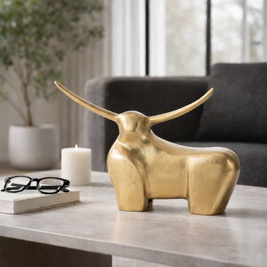 Decorative Figurine - Gold Metal Solid Standing Bull, 8 in.