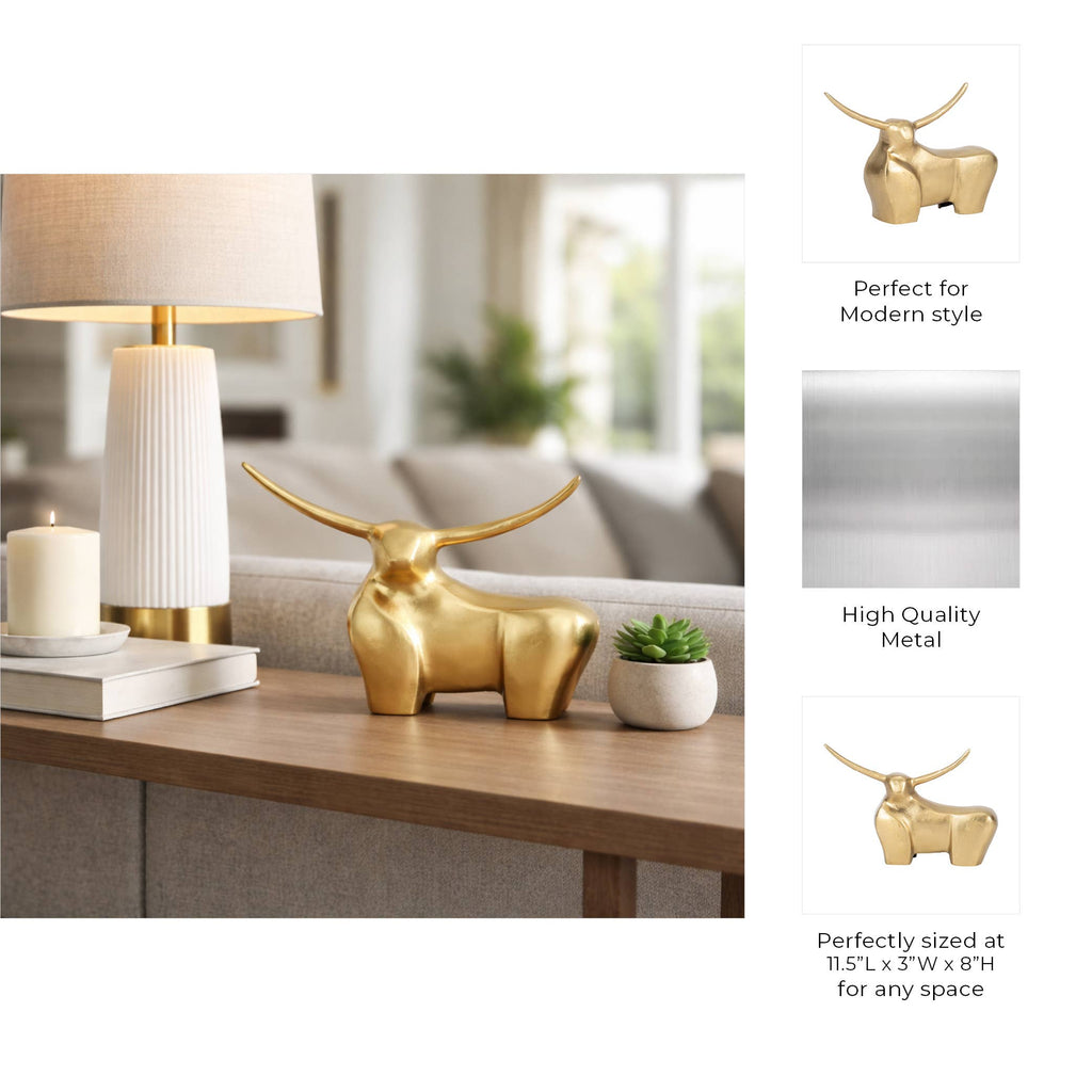 Decorative Figurine - Gold Metal Solid Standing Bull, 8 in.