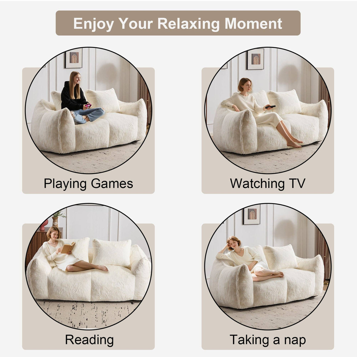 2-Seat Giant Faux Fur Bean Bag Couch ( 6 Colors) No Assembly: White