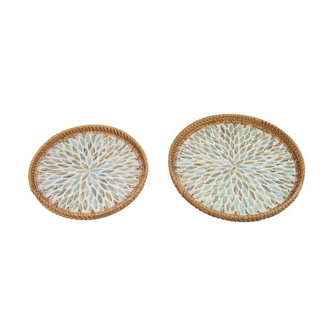 Round Seashell Inlay Rattan Tray – Iridescent Glow Burst: Large