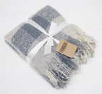 Blue-Grey-White Faux Mohair Plaid Fringed Throw Blanket