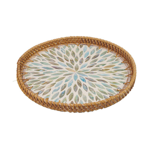 Round Seashell Inlay Rattan Tray – Iridescent Glow Burst: Large