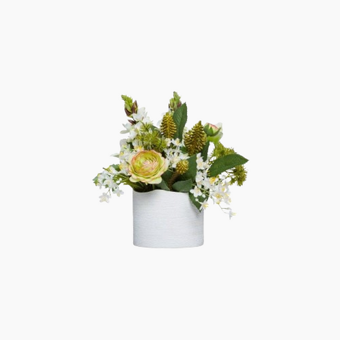 WHITE/GREEN FLOWERS IN WHITE CYLINDER