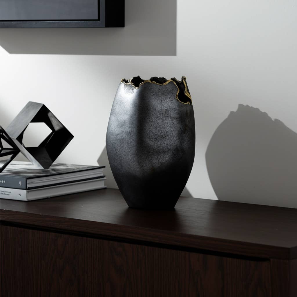 Decorative Vase - Black Metal Organic Edge Chipped, 14 in.
