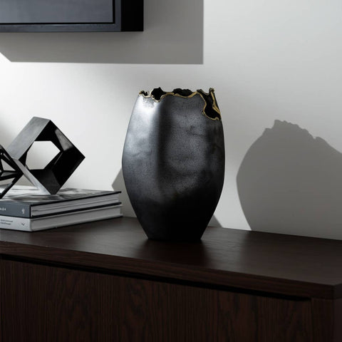 Decorative Vase - Black Metal Organic Edge Chipped, 14 in.