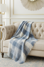 Blue-Grey-White Faux Mohair Plaid Fringed Throw Blanket