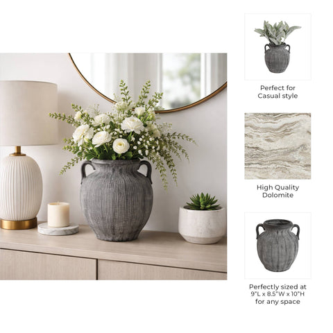 Ceramic Ribbed Texture Weathered Handle Vase - Black, 10 in.