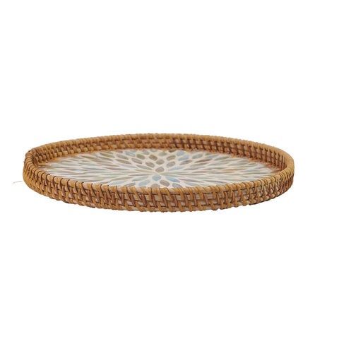 Round Seashell Inlay Rattan Tray – Iridescent Glow Burst: Large