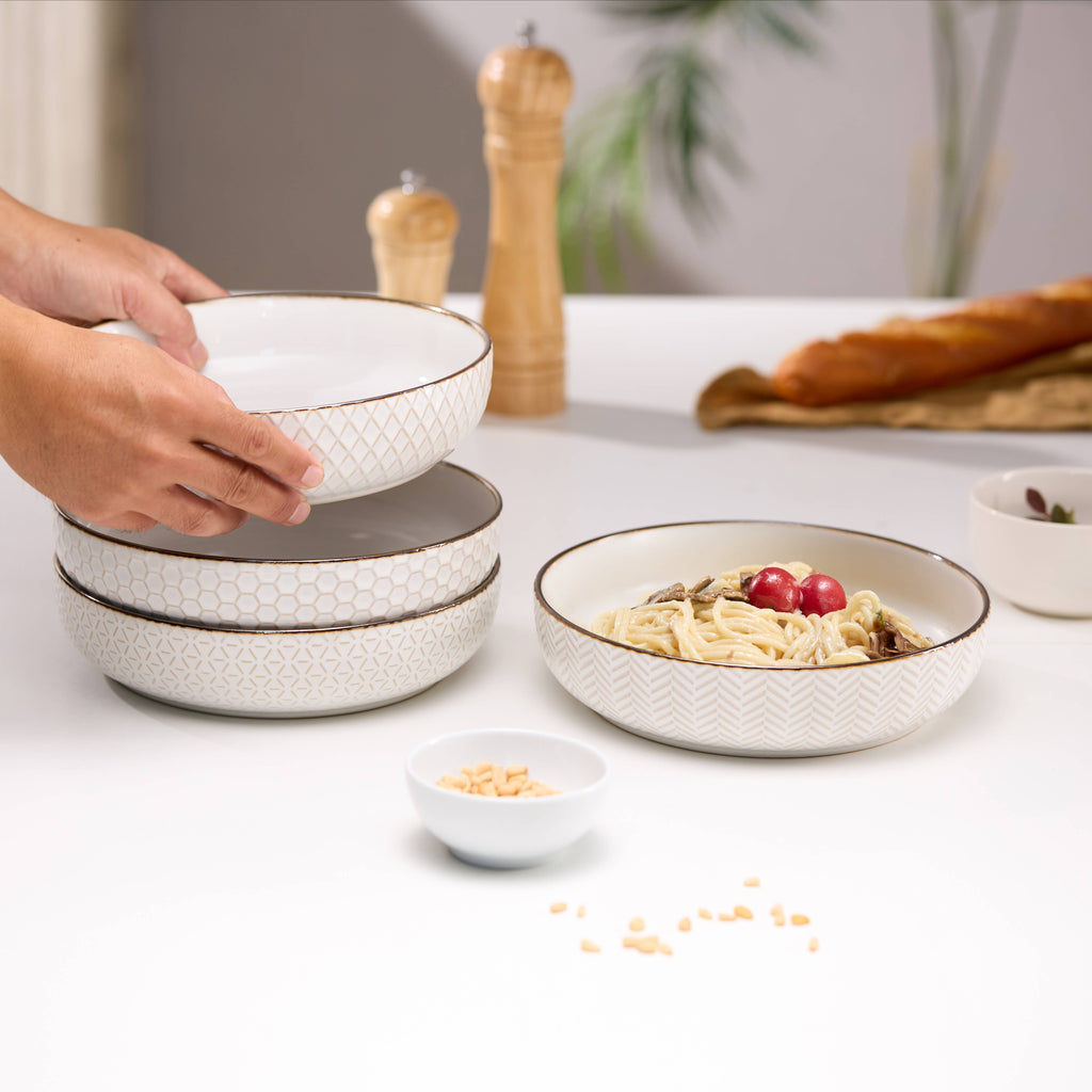 Kook Ceramic Pasta Bowls, 40 oz, Set of 4, Cream/Copper