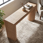 Overhead shot of Brasea Console Table in transitional living space highlighting organic texture and minimalist decor.