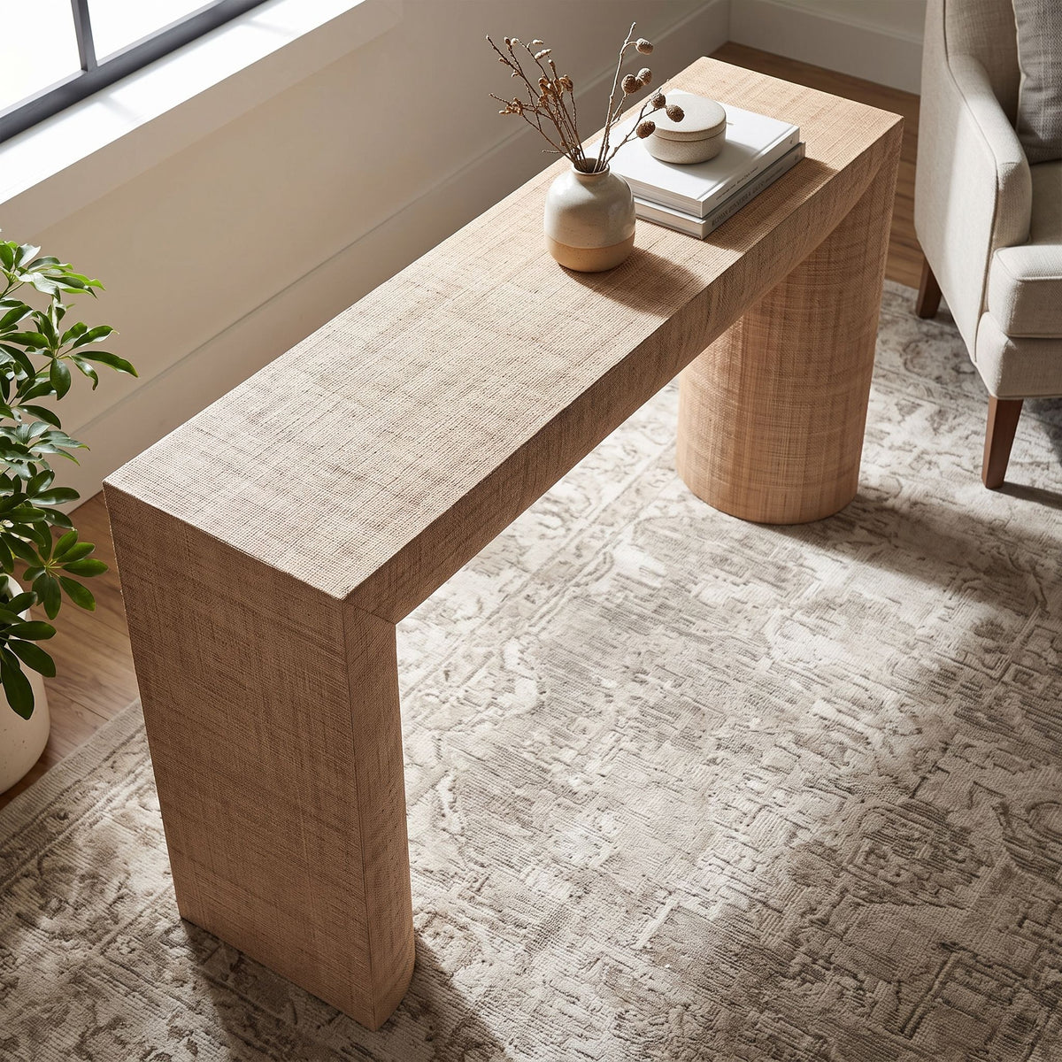 Overhead shot of Brasea Console Table in transitional living space highlighting organic texture and minimalist decor.