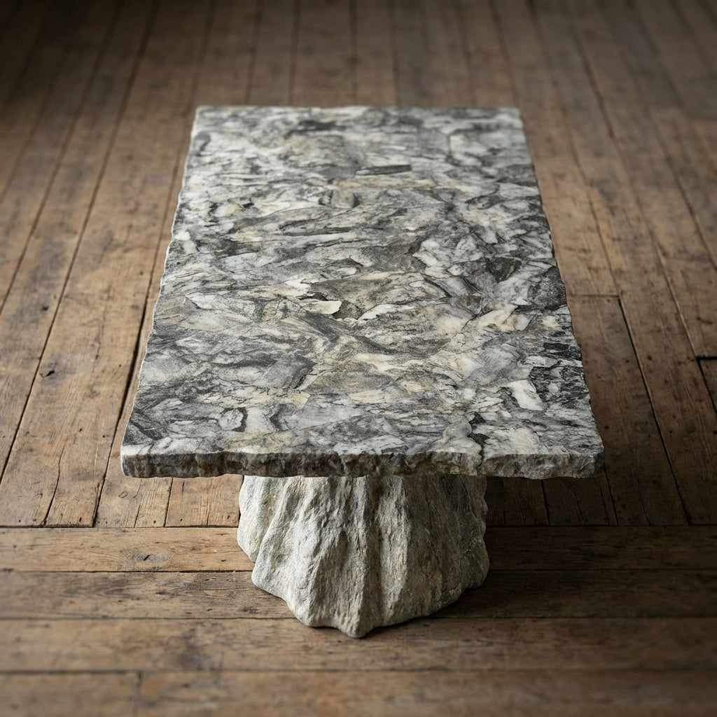 Artistic overhead shot of Asher rectangular dining table emphasizing craftsmanship, textured stone top, and natural wood base.