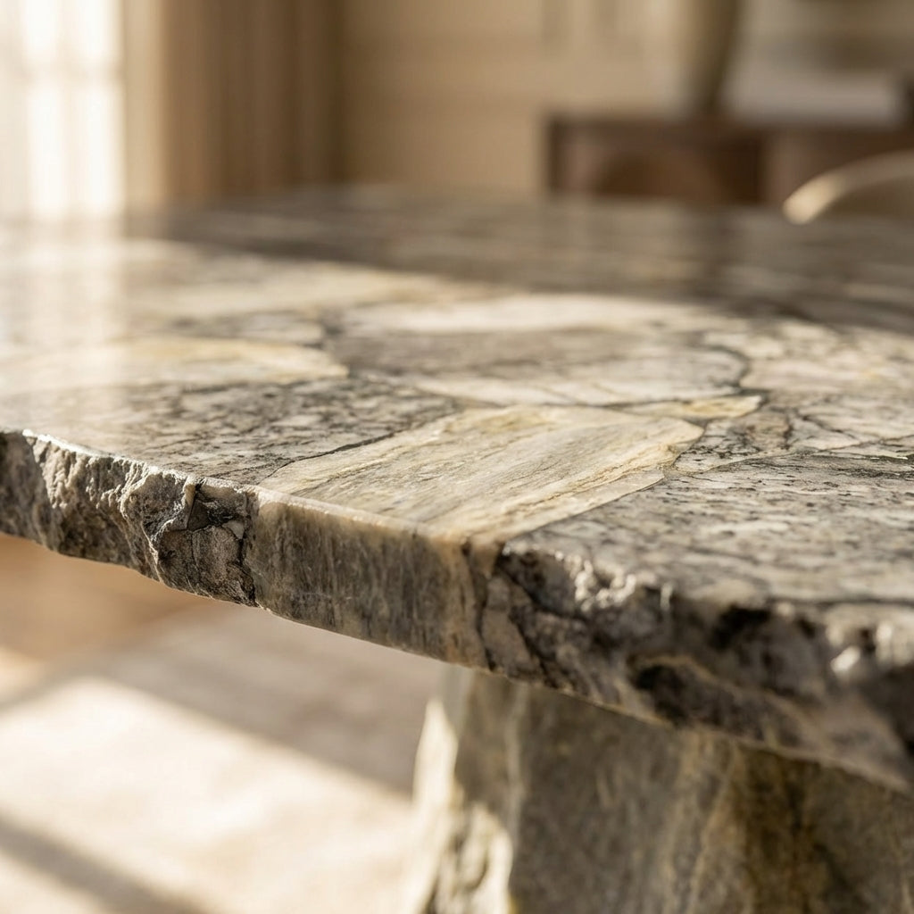 Close-up of Asher rectangular dining table highlighting the detailed inlaid stone top with natural grey, cream, and white tones.