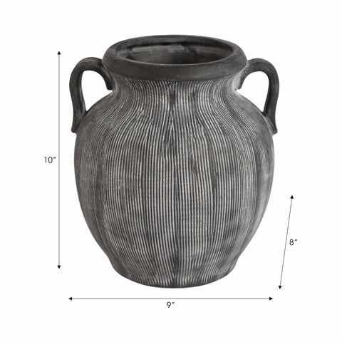 Ceramic Ribbed Texture Weathered Handle Vase - Black, 10 in.