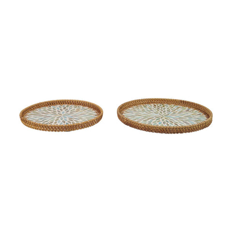 Round Seashell Inlay Rattan Tray – Iridescent Glow Burst: Large