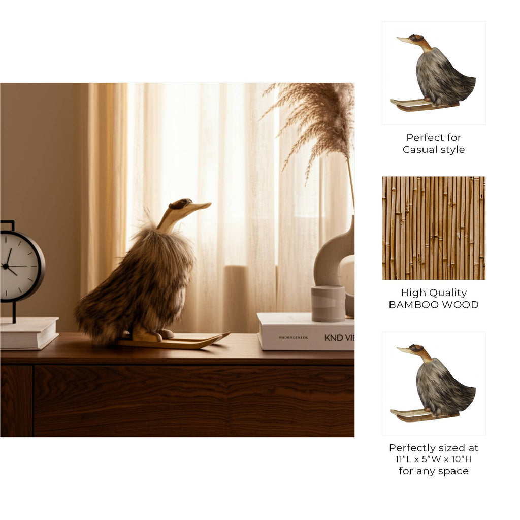 Decorative Figurine - Brown Wood Faux Fur Skiing Duck, 11 in