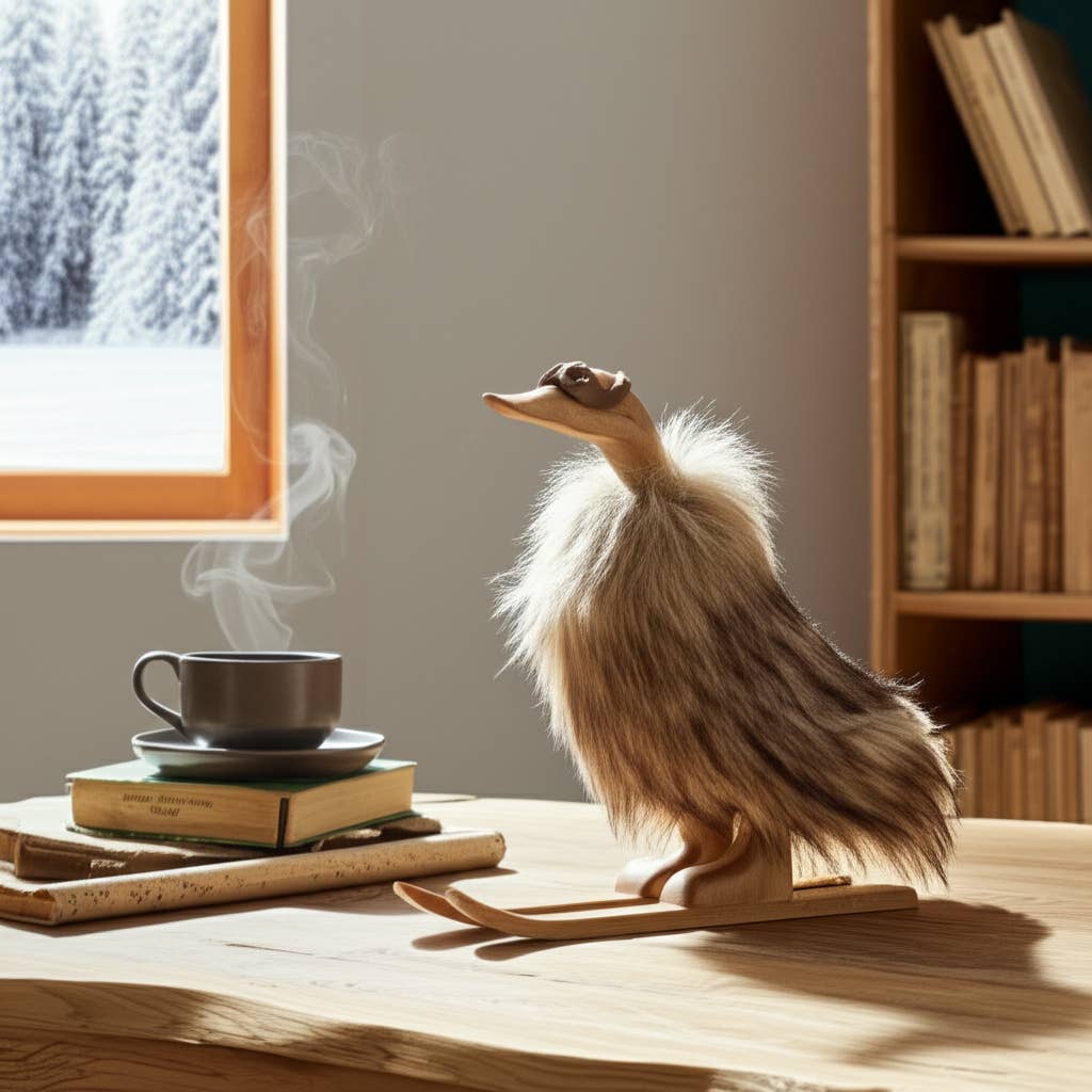 Decorative Figurine - Brown Wood Faux Fur Skiing Duck, 11 in