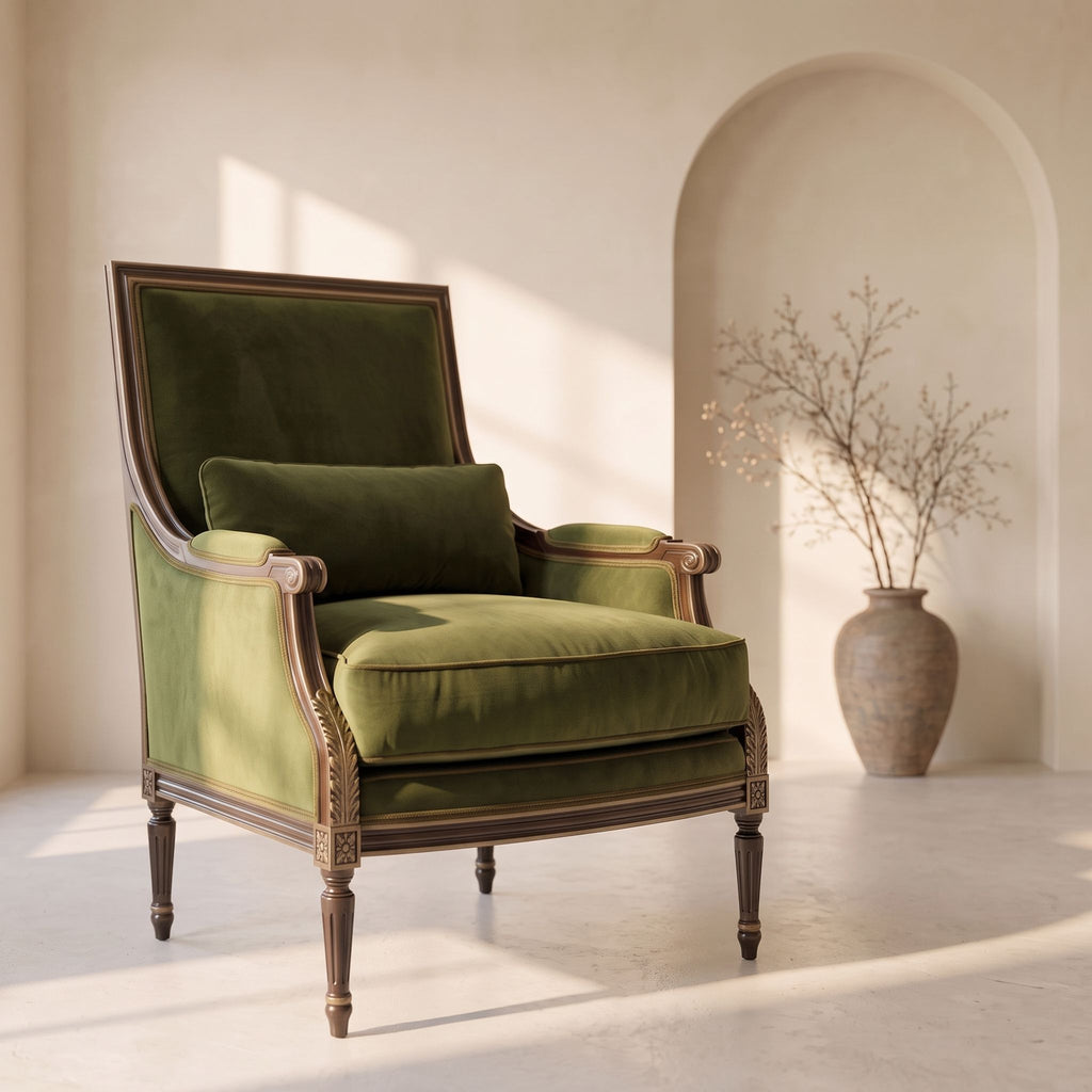 Close-up of Cameron Chair-911 showing solid wood frame and plush down-filled seat cushion, highlighting craftsmanship.