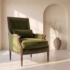 Close-up of Cameron Chair-911 showing solid wood frame and plush down-filled seat cushion, highlighting craftsmanship.