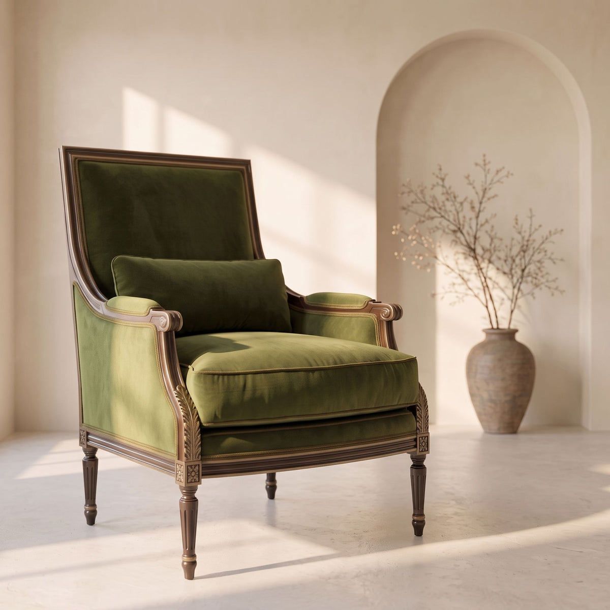 Close-up of Cameron Chair-911 showing solid wood frame and plush down-filled seat cushion, highlighting craftsmanship.