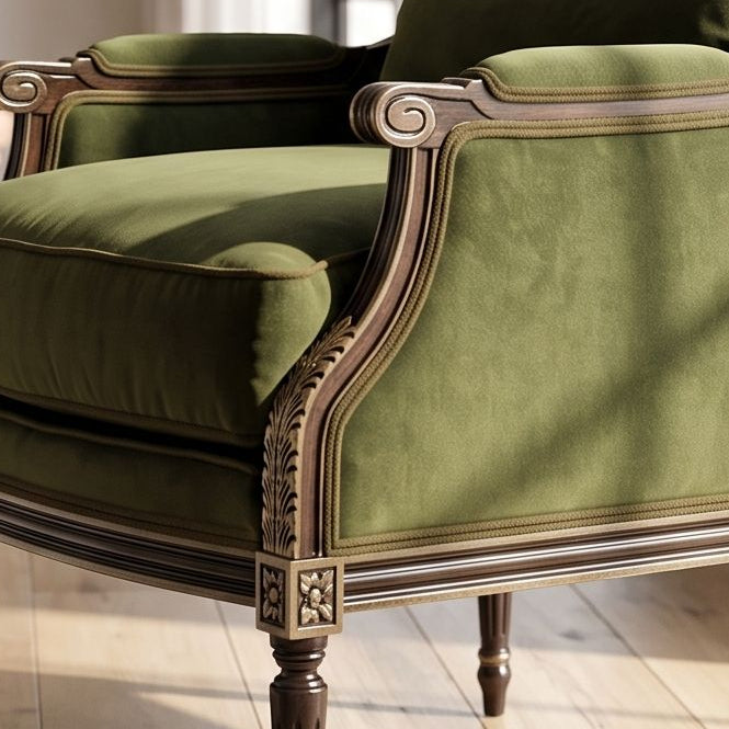 Full-body view of Cameron Chair-911 in a stylish living room with natural light, showcasing fabric and handcrafted detail.