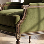 Full-body view of Cameron Chair-911 in a stylish living room with natural light, showcasing fabric and handcrafted detail.