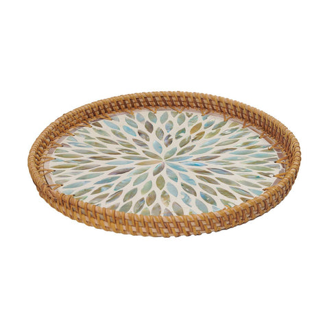 Round Seashell Inlay Rattan Tray – Iridescent Glow Burst: Large