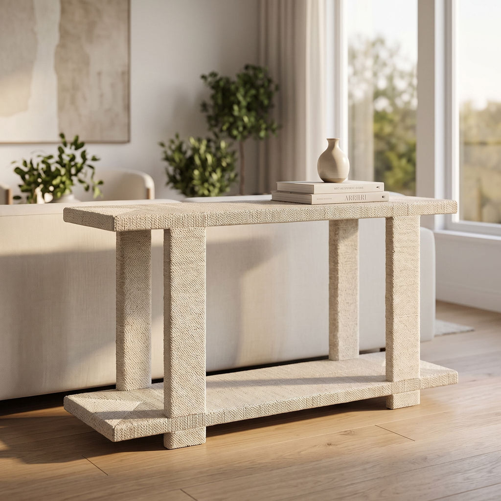 Full view of Clint Console Table in a contemporary living space, showcasing sleek profile and woven craftsmanship.