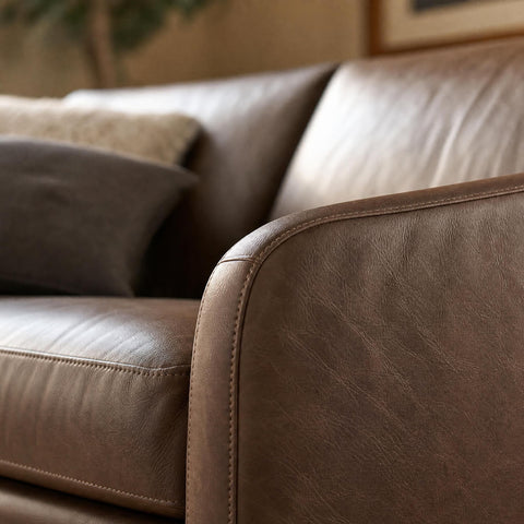 Macro shot of the Frannie Leather Sofa's upholstery focusing on grain, stitching, and subtle creases.
