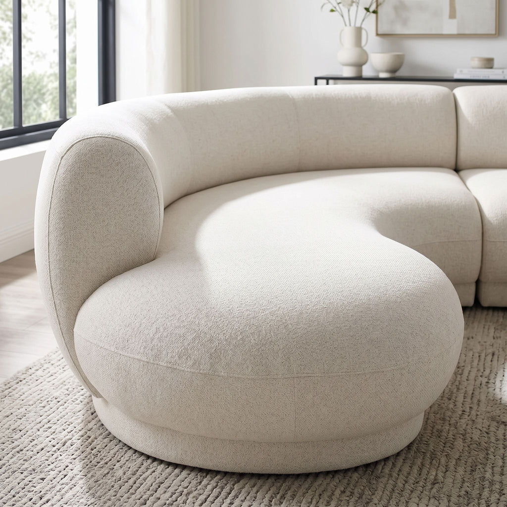 Close-up of Lake Chaise Sectional showing stain-resistant performance fabric's weave and subtle sheen in a modern living room.