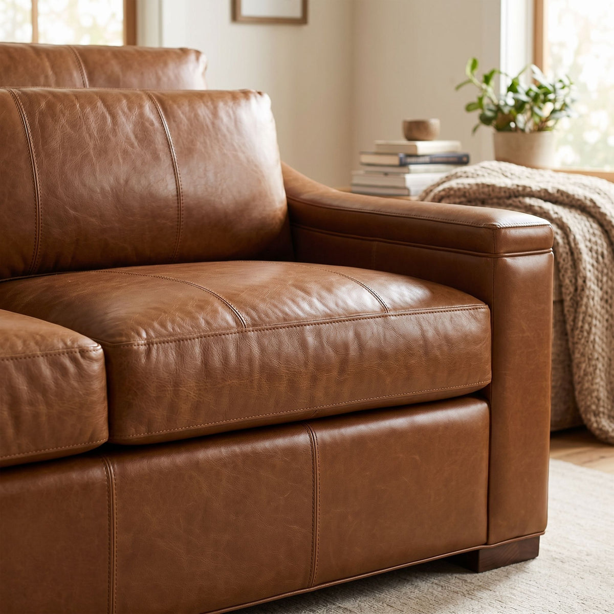 Close-up of Lowell Sofa's corner highlighting stitching and plush cushioning in a cozy living room.